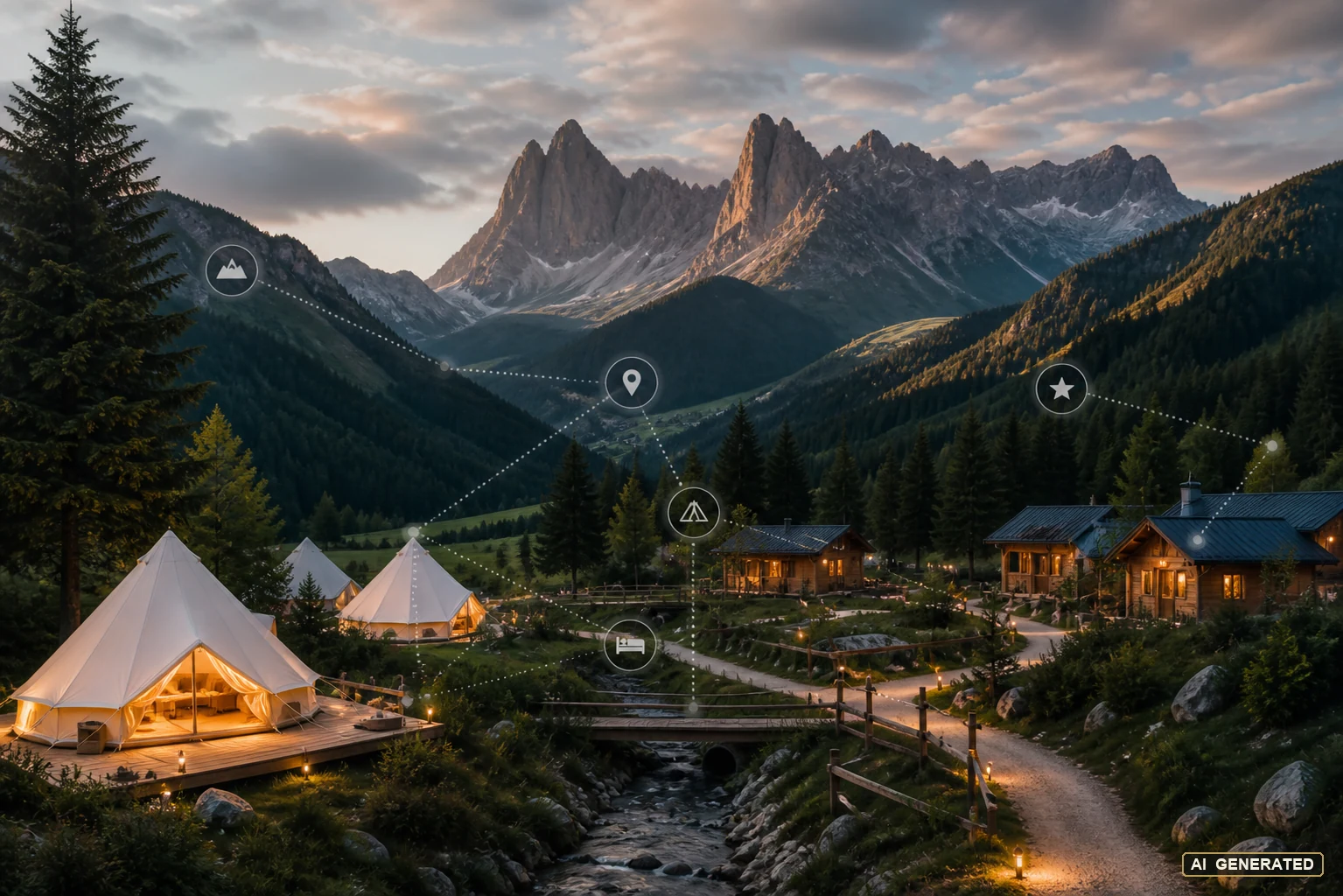 KI-generierter hochwertiger Campingplatz in Südtirol mit kartografischen Signalen