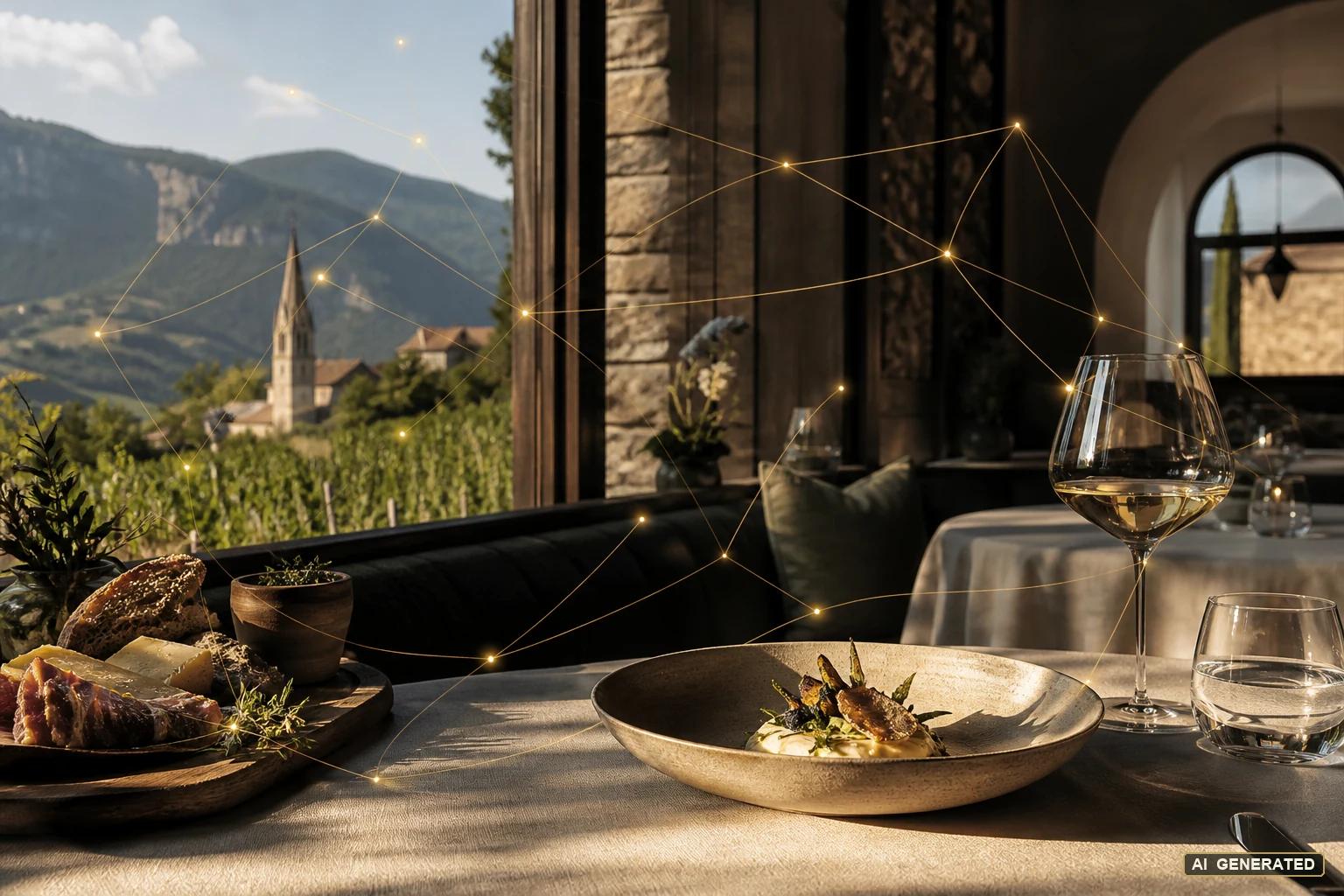 KI-generierte hochwertige Restaurantszene mit dezenten digitalen Verbindungen